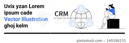 Business management, customer relations, global connections, modern communication, data insights, teamwork. A globe with user icons and a person reading on a device. Business management and customer Business management, customer relations, global connections, modern communication, data insights, teamwork. A globe with user icons and a person reading on a device. Business management and customer 140386235