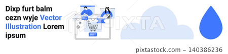 Online shopping, cloud storage, data transfer, digital technology, e-commerce, water symbol. Abstract illustration with a shopping cart, cloud and water droplet. E-commerce and cloud storage concept Online shopping, cloud storage, data transfer, digital technology, e-commerce, water symbol. Abstract illustration with a shopping cart, cloud and water droplet. E-commerce and cloud storage concept 140386236