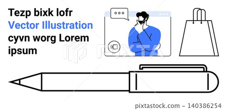 Communication, online shopping, e-learning, business planning, user interface, and creativity. A man thinking during a video call, a shopping bag and a pen. Communication and online shopping Communication, online shopping, e-learning, business planning, user interface, and creativity. A man thinking during a video call, a shopping bag and a pen. Communication and online shopping 140386254