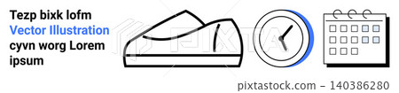 Time management, productivity, lifestyle, athletic planning, organization, daily routine. Linear ions of a shoe, clock and calendar. Time management and productivity concept 140386280