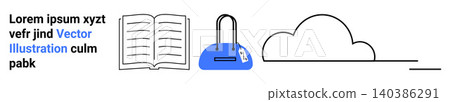 Education, fashion, travel, minimalism, conceptual design, creativity. Open book, blue handbag with tag and a simple cloud drawing in line art. Education and fashion concept 140386291