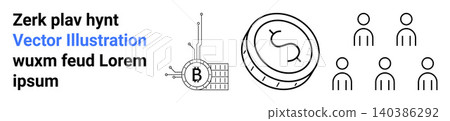 Cryptocurrency, blockchain, digital economy, fintech, global transactions, network connections. Bitcoin symbol with circuit lines, coin outline and people icons. Cryptocurrency Cryptocurrency, blockchain, digital economy, fintech, global transactions, network connections. Bitcoin symbol with circuit lines, coin outline and people icons. Cryptocurrency 140386292