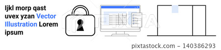 Cybersecurity, data management, online security, identity protection, digital privacy, system security. Lock, computer screen with data and filing cabinet. Cybersecurity and data management concept Cybersecurity, data management, online security, identity protection, digital privacy, system security. Lock, computer screen with data and filing cabinet. Cybersecurity and data management concept 140386293