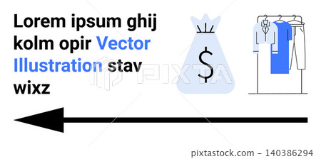 Financial planning, retail shopping, economic trends, fashion sales, investment direction, market growth. A money bag, clothes on a rack and arrow pointing left. Financial planning and retail 140386294
