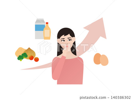 Vector illustration of a woman struggling with rising food costs. Vector illustration of a woman struggling with rising food costs. 140386302