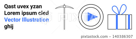 Digital design, user interface, gaming, entertainment, education, and celebration. A pickaxe, blue play button and gift box with text. Gaming and entertainment-themed design elements 140386307