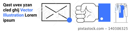 Business communication, notifications, task management, digital interaction, workflow, professional tools. Envelope, hand and clothing on hooks . Communication and notifications concept Business communication, notifications, task management, digital interaction, workflow, professional tools. Envelope, hand and clothing on hooks . Communication and notifications concept 140386325