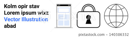 Cybersecurity, digital communication, online privacy, technology, global network, data protection. A smartphone, padlock and globe. Cybersecurity and digital communication concept 140386332