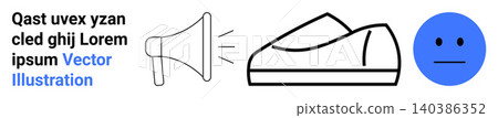 Marketing, fashion, communication, expression, emotions, branding. Speaker icon, shoe design and neutral face emotion. Communication and fashion as minimalist icons Marketing, fashion, communication, expression, emotions, branding. Speaker icon, shoe design and neutral face emotion. Communication and fashion as minimalist icons 140386352