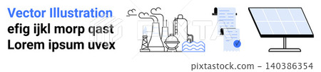 Renewable energy, industrial systems, environmental safety, sustainability, green energy, corporate processes. Industrial factory and solar panel alongside document. Renewable energy and industrial Renewable energy, industrial systems, environmental safety, sustainability, green energy, corporate processes. Industrial factory and solar panel alongside document. Renewable energy and industrial 140386354