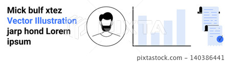 Identity verification, data analysis, documentation, security, professional profiles, information management. Profile icon with bar chart and verified document. Identity verification and data Identity verification, data analysis, documentation, security, professional profiles, information management. Profile icon with bar chart and verified document. Identity verification and data 140386441