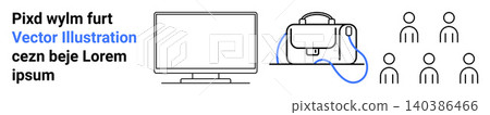 Digital collaboration, remote work, office setup, communication, productivity, teamwork. An abstract design features a computer monitor, headphones and people icons. Digital collaboration and remote Digital collaboration, remote work, office setup, communication, productivity, teamwork. An abstract design features a computer monitor, headphones and people icons. Digital collaboration and remote 140386466