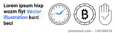 Finance, digital currency, time management, blockchain, cryptocurrency, minimalism. Black and white icons feature a clock, Bitcoin symbol and a hand gesture. Time management and finance Finance, digital currency, time management, blockchain, cryptocurrency, minimalism. Black and white icons feature a clock, Bitcoin symbol and a hand gesture. Time management and finance 140386636