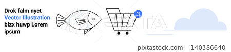 Online shopping, notifications, digital purchases, seafood, e-commerce platforms, creative minimalism. A fish drawing, shopping cart with notification and a cloud. E-commerce platforms and online 140386640