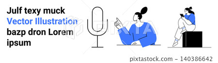 Podcasting, digital content creation, communication, technology engagement, teamwork, voiceover work. A microphone with a person pointing and another individual seated using a device. Podcasting 140386642