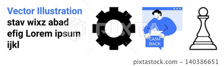 Business strategy, technology solutions, cashback offers, financial planning, productivity, and innovation. Gear, computer screen and chess pawn. Financial planning and technology concepts Business strategy, technology solutions, cashback offers, financial planning, productivity, and innovation. Gear, computer screen and chess pawn. Financial planning and technology concepts 140386651