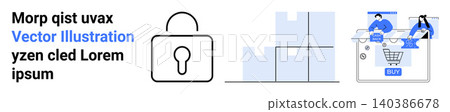 Online security, shopping, logistics, e-commerce, data protection, inventory management. Lock and warehouse boxes with a shopping cart interface. Online security and shopping concepts Online security, shopping, logistics, e-commerce, data protection, inventory management. Lock and warehouse boxes with a shopping cart interface. Online security and shopping concepts 140386678