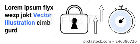 Data security, encryption, efficiency, productivity, time management, cyber protection. Lock and stopwatch with upward arrows on a white background. Data security and encryption illustrated Data security, encryption, efficiency, productivity, time management, cyber protection. Lock and stopwatch with upward arrows on a white background. Data security and encryption illustrated 140386720