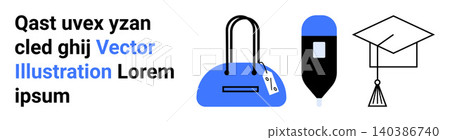 Fashion, education, healthcare, lifestyle, commodities, academic achievements. Blue handbag with tag, IV drip graduation cap. Fashion and education concept Fashion, education, healthcare, lifestyle, commodities, academic achievements. Blue handbag with tag, IV drip graduation cap. Fashion and education concept 140386740