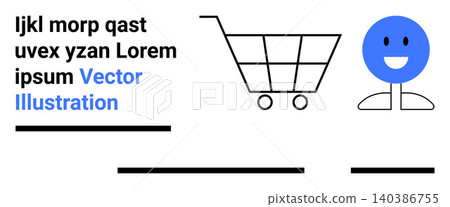 Online shopping, customer satisfaction, digital commerce, user interaction, design concepts, e-commerce services. Shopping cart and smiling icon with text. Online shopping and customer satisfaction Online shopping, customer satisfaction, digital commerce, user interaction, design concepts, e-commerce services. Shopping cart and smiling icon with text. Online shopping and customer satisfaction 140386755