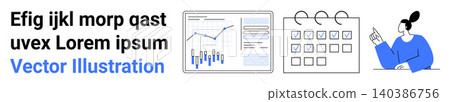 Data analysis, teamwork, task organization, project tracking, scheduling, communication. Graphs and charts, a calendar with checkboxes and a person pointing. Data analysis and teamwork concept 140386756