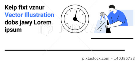 Time management, retail shopping, scheduling, productivity, consumer behavior, shopping habits. Clock symbol and a man holding shopping bags. Time management and retail shopping ideas 140386758