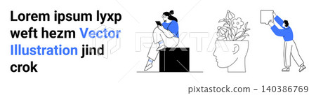 Conceptual creativity, mindfulness, mental health, modern communication, social media, innovation. Person using a phone, head with plants another person holding speech bubble. Creativity Conceptual creativity, mindfulness, mental health, modern communication, social media, innovation. Person using a phone, head with plants another person holding speech bubble. Creativity 140386769