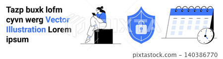 Cybersecurity, time tracking, scheduling, digital privacy, productivity, online safety. Woman sitting with book, shield with lock icon calendar clock. Cybersecurity and time tracking concepts Cybersecurity, time tracking, scheduling, digital privacy, productivity, online safety. Woman sitting with book, shield with lock icon calendar clock. Cybersecurity and time tracking concepts 140386770
