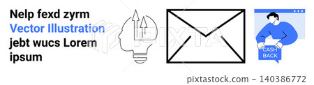 Marketing, idea sharing, cash rewards, communication, innovative thinking, business promotion. Envelope symbol, brain with upward arrows digital interface. Communication and marketing ideas concept Marketing, idea sharing, cash rewards, communication, innovative thinking, business promotion. Envelope symbol, brain with upward arrows digital interface. Communication and marketing ideas concept 140386772