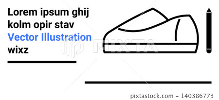 Digital graphic design, marketing content, branding, minimalist art, conceptual sketches, footwear design. Outline of a shoe, pen and placeholder text. Footwear design and digital graphic design 140386773