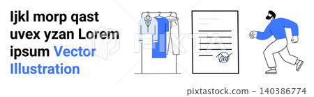 E-commerce, fashion shopping, legal agreements, digital workflow, signing documents, physical activity. Clothing rack, signed document running person. E-commerce and fashion shopping concept 140386774