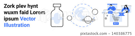 Online shopping, healthcare solutions, global connectivity, future technology, telemedicine, business growth. Bottle, planet shopping cart users interacting with technology. E-commerce 140386775
