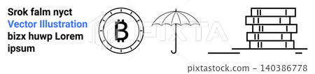 Cryptocurrency, financial security, digital assets, education, knowledge sharing, blockchain technology. Bitcoin coin, umbrella stack of books in minimalist design. Cryptocurrency and financial Cryptocurrency, financial security, digital assets, education, knowledge sharing, blockchain technology. Bitcoin coin, umbrella stack of books in minimalist design. Cryptocurrency and financial 140386778