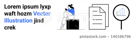 Communication, business strategy, data analysis, digital workspaces, analytics, productivity. Woman sitting with smartphone, document icons magnifying glass chart. Communication and business 140386796