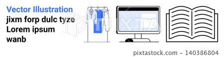 Fashion design, digital technology, learning tools, education, creative industries, workspace organization. Minimalist clothing rack, computer screen open book. Fashion design and digital technology 140386804