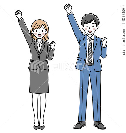 Vector illustration set of a woman raising one hand in cheer and a male office worker (full body). 140386865
