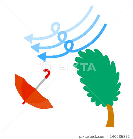 An illustration of trees swaying in strong winds and a red umbrella being blown away. An illustration of trees swaying in strong winds and a red umbrella being blown away. 140386881