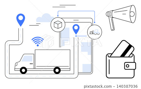 E-commerce, logistics, mobile tracking, payment systems, digital marketing, delivery services. Visual of a truck, mobile device and wallet with icons. E-commerce and logistics concept E-commerce, logistics, mobile tracking, payment systems, digital marketing, delivery services. Visual of a truck, mobile device and wallet with icons. E-commerce and logistics concept 140387036