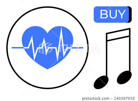 Healthcare, music downloading, digital purchases, wellness technology, cardiology, e-commerce. Heartbeat symbol, music note and buy button digital elements. Healthcare and music downloading concept Healthcare, music downloading, digital purchases, wellness technology, cardiology, e-commerce. Heartbeat symbol, music note and buy button digital elements. Healthcare and music downloading concept 140387038