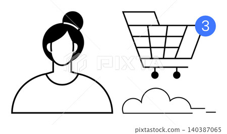 E-commerce, online shopping, user interaction, digital marketplace, customer notification, online purchases. Minimalist graphic of a user profile, shopping cart and a notification badge. E-commerce 140387065