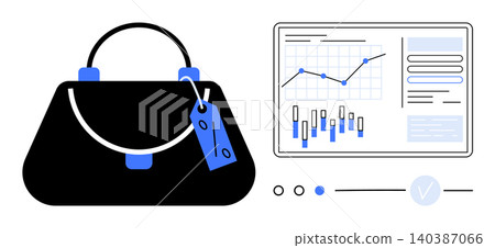 Retail analytics, sales strategy, ecommerce optimization, fashion business, price tagging, financial insights. Shopping bag with tag next to bar and line charts. Retail analytics and sales strategy Retail analytics, sales strategy, ecommerce optimization, fashion business, price tagging, financial insights. Shopping bag with tag next to bar and line charts. Retail analytics and sales strategy 140387066
