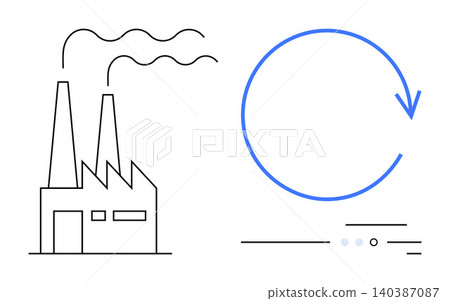 Environmental conservation, industry impact, recycling, sustainable production, pollution control, eco-conscious manufacturing. Factory emitting smoke beside a blue circular arrow. Environmental Environmental conservation, industry impact, recycling, sustainable production, pollution control, eco-conscious manufacturing. Factory emitting smoke beside a blue circular arrow. Environmental 140387087