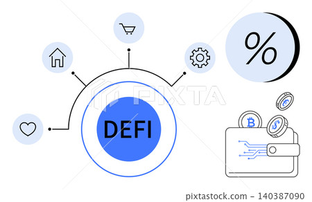 Decentralized finance, cryptocurrency transactions, fintech innovation, blockchain, digital currency, smart wallets. Central hub with icons and a wallet holding digital coins. Decentralized finance Decentralized finance, cryptocurrency transactions, fintech innovation, blockchain, digital currency, smart wallets. Central hub with icons and a wallet holding digital coins. Decentralized finance 140387090