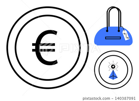 Financial transactions, retail economy, consumer behavior, shopping trends, surveillance, currency exchange. Euro currency symbol, handbag with tag and surveillance eye. Financial transactions Financial transactions, retail economy, consumer behavior, shopping trends, surveillance, currency exchange. Euro currency symbol, handbag with tag and surveillance eye. Financial transactions 140387091