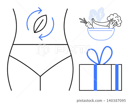 Health promotion, nutrition, self-care, digestive wellness, gift ideas, healthy habits. Outline of a human waist, arrows a vegetable bowl and a gift. Digestive wellness and nutrition focus Health promotion, nutrition, self-care, digestive wellness, gift ideas, healthy habits. Outline of a human waist, arrows a vegetable bowl and a gift. Digestive wellness and nutrition focus 140387095