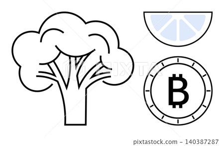 Cryptocurrency, healthy eating, digital economy, food industry, nutrition, investment opportunities. Broccoli, Bitcoin logo and a citrus slice in a clean composition. Cryptocurrency and healthy Cryptocurrency, healthy eating, digital economy, food industry, nutrition, investment opportunities. Broccoli, Bitcoin logo and a citrus slice in a clean composition. Cryptocurrency and healthy 140387287