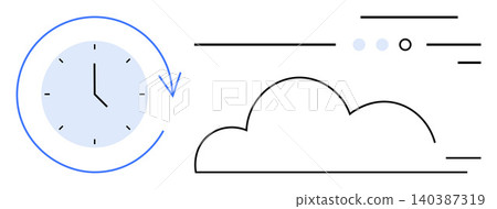 Cloud storage, time tracking, productivity tools, technology integration, scheduling, digital management. Minimalist clock with an arrow and an outlined cloud. Cloud storage and time tracking concept Cloud storage, time tracking, productivity tools, technology integration, scheduling, digital management. Minimalist clock with an arrow and an outlined cloud. Cloud storage and time tracking concept 140387319