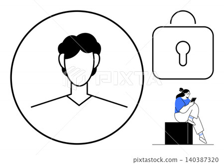 Data protection, digital authentication, online privacy, cybersecurity, secure login, technology. Minimalist design with male avatar, lock and woman using mobile. Focus on data protection and online Data protection, digital authentication, online privacy, cybersecurity, secure login, technology. Minimalist design with male avatar, lock and woman using mobile. Focus on data protection and online 140387320