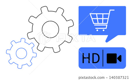 E-commerce, digital marketing, automation tools, online shopping, video streaming, technology trends. Gears, shopping cart symbol HD video icon. E-commerce and digital marketing E-commerce, digital marketing, automation tools, online shopping, video streaming, technology trends. Gears, shopping cart symbol HD video icon. E-commerce and digital marketing 140387321