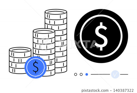 Financial planning, savings management, investment strategies, income growth, wealth building, economic stability. Stacked coins with dollar signs and circular currency icon. Financial planning 140387322